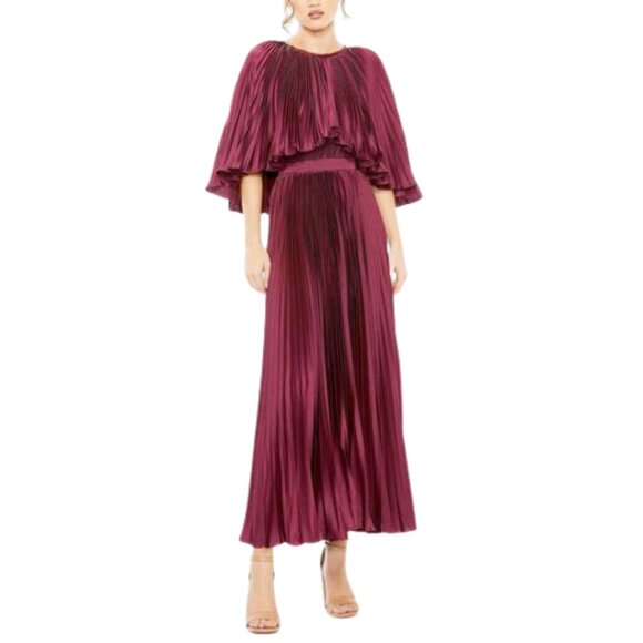 Mac Duggal 49638 Womens Size 14 Raspberry Pink Red Pleated Cape Tea Length Dress - Picture 2 of 4